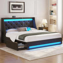 Queen Bed Frame with LED Lights and Charging Station, Upholstered Bed with Drawers, Wooden Slats, Noise Free, Easy Assembly